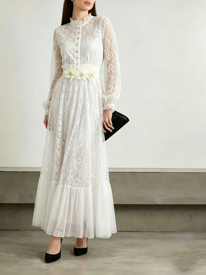 deborah 3D floral tulle lace maxi dress in white