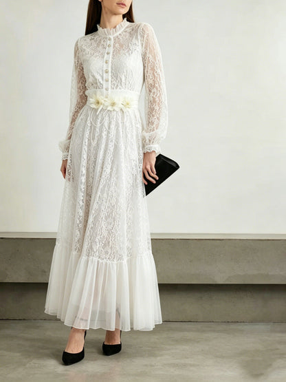 deborah 3D floral tulle lace maxi dress in white