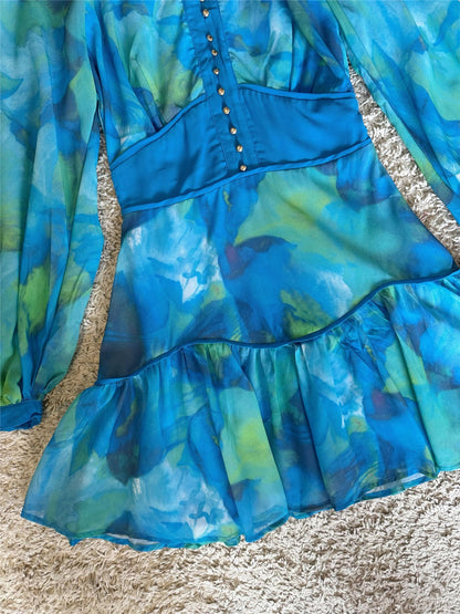 peacock blue graded button waist-cinching dress