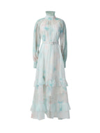 Flowering Girl Women olga floral print lantern sleeve layer Sheer maxi dress
