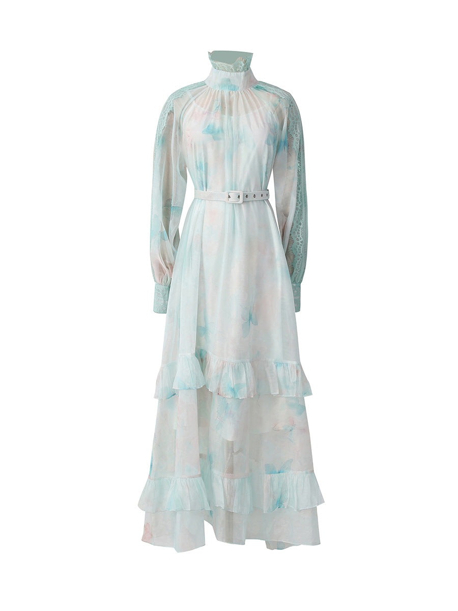 Flowering Girl Women olga floral print lantern sleeve layer Sheer maxi dress