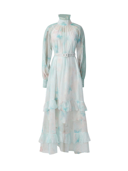 olga floral print  lantern sleeve layer Sheer maxi dress