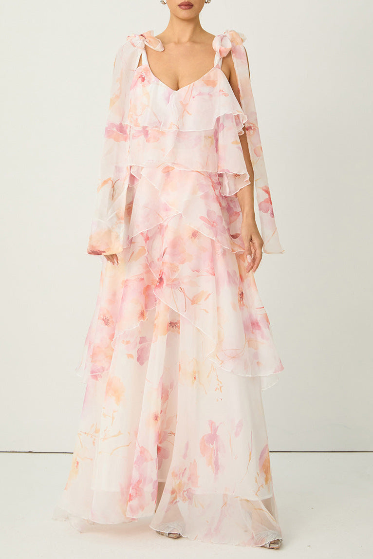 Flowering Girl Women beverly V-neck spaghetti strap chiffon maxi dress - pink