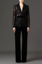 Flowering Girl Women Mesh embroidered beaded jacket & trousers 2-piece set - black
