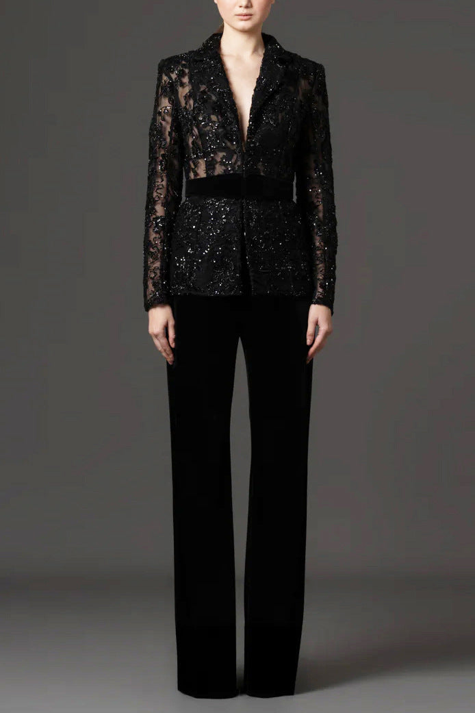 Mesh embroidered beaded jacket & trousers 2-piece set - black