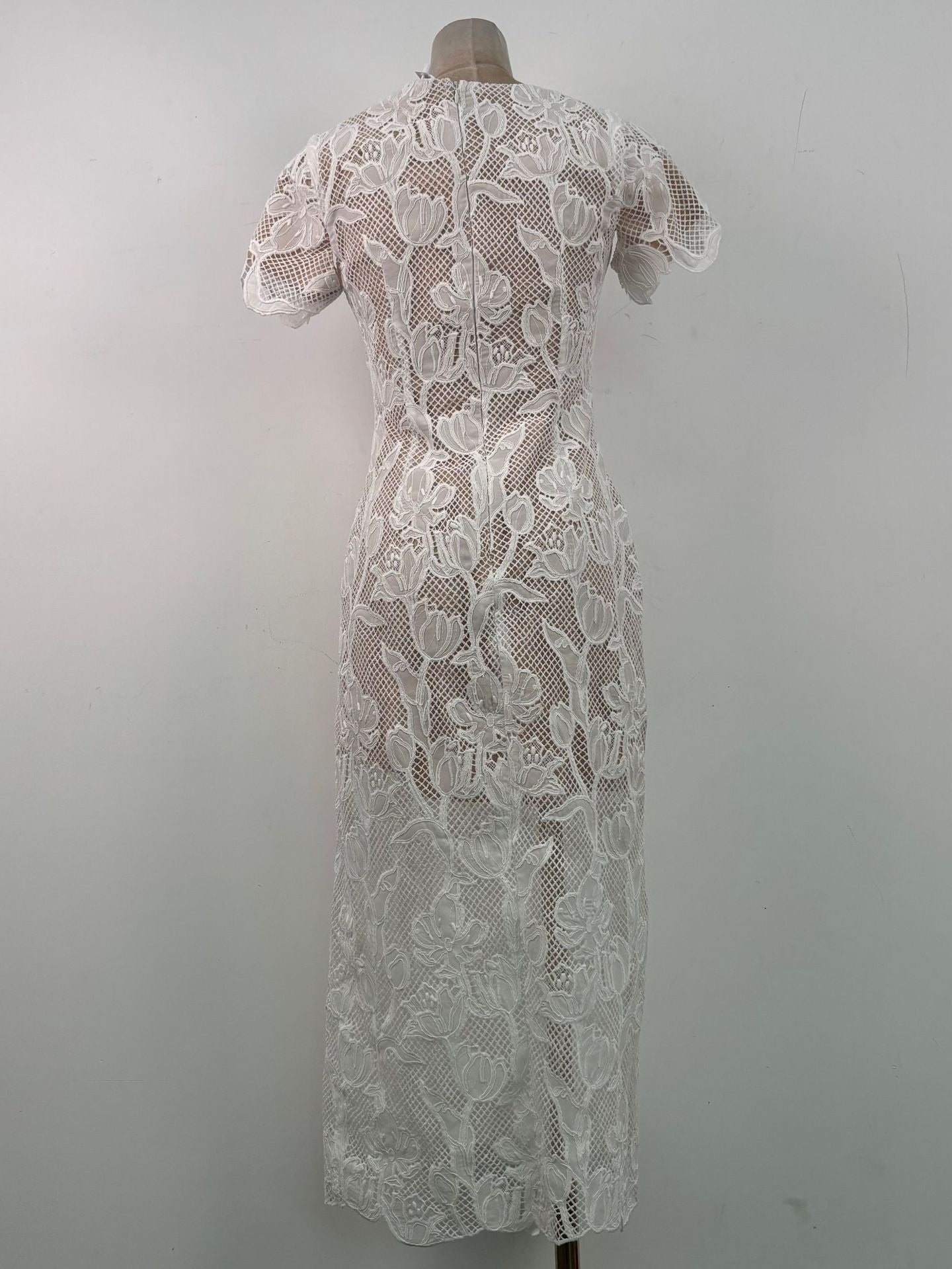 phoenix floral Applique hollow lace Midi Dress - white