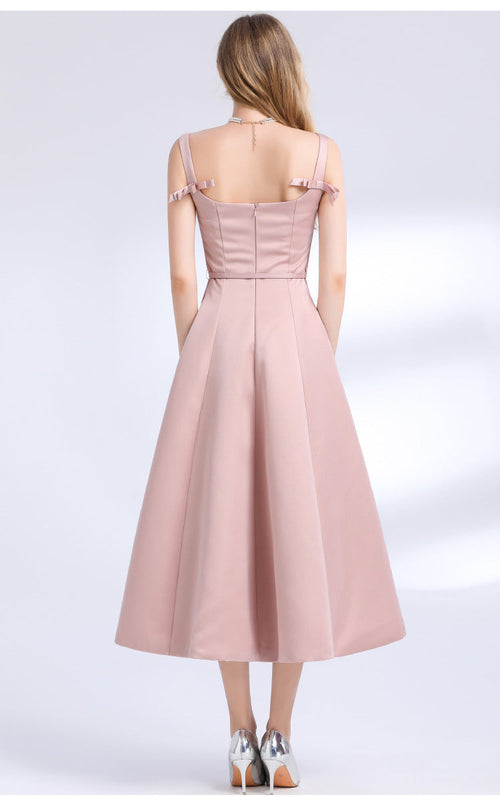 amelia square neck Satin Slip midi Dress - pink