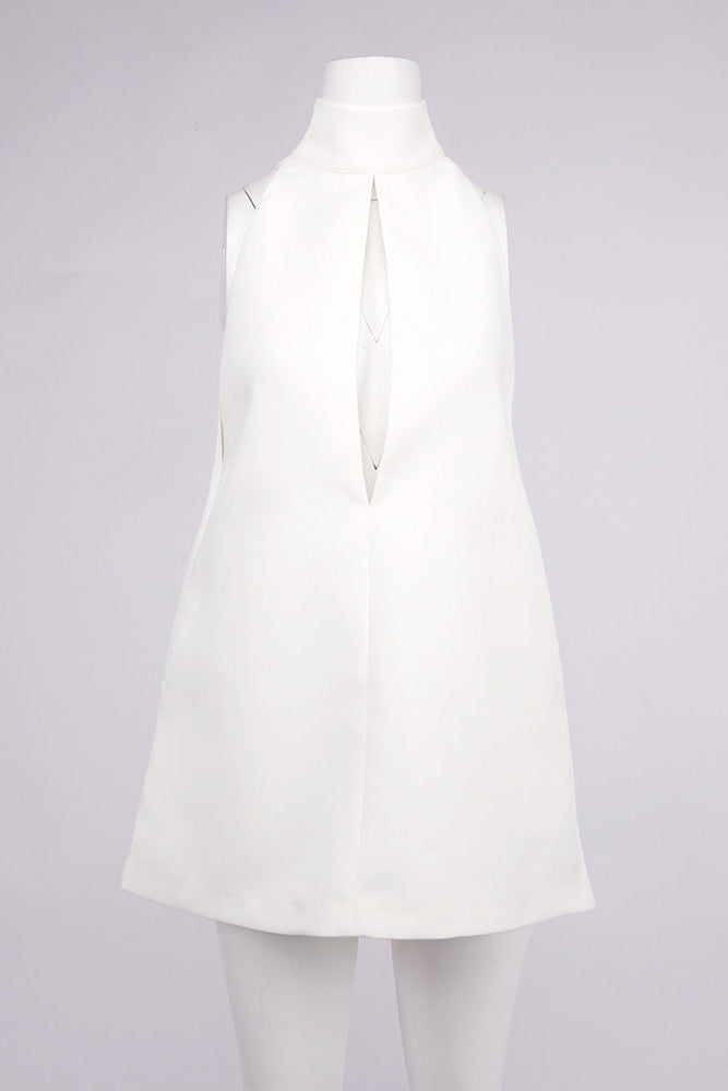 Flowering Girl Women v-Neck Cutout Backless Crepe Halter Dress - White