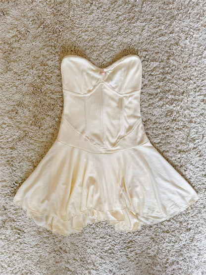 mesh knit irregular strapless mini dress with shorts as lining
