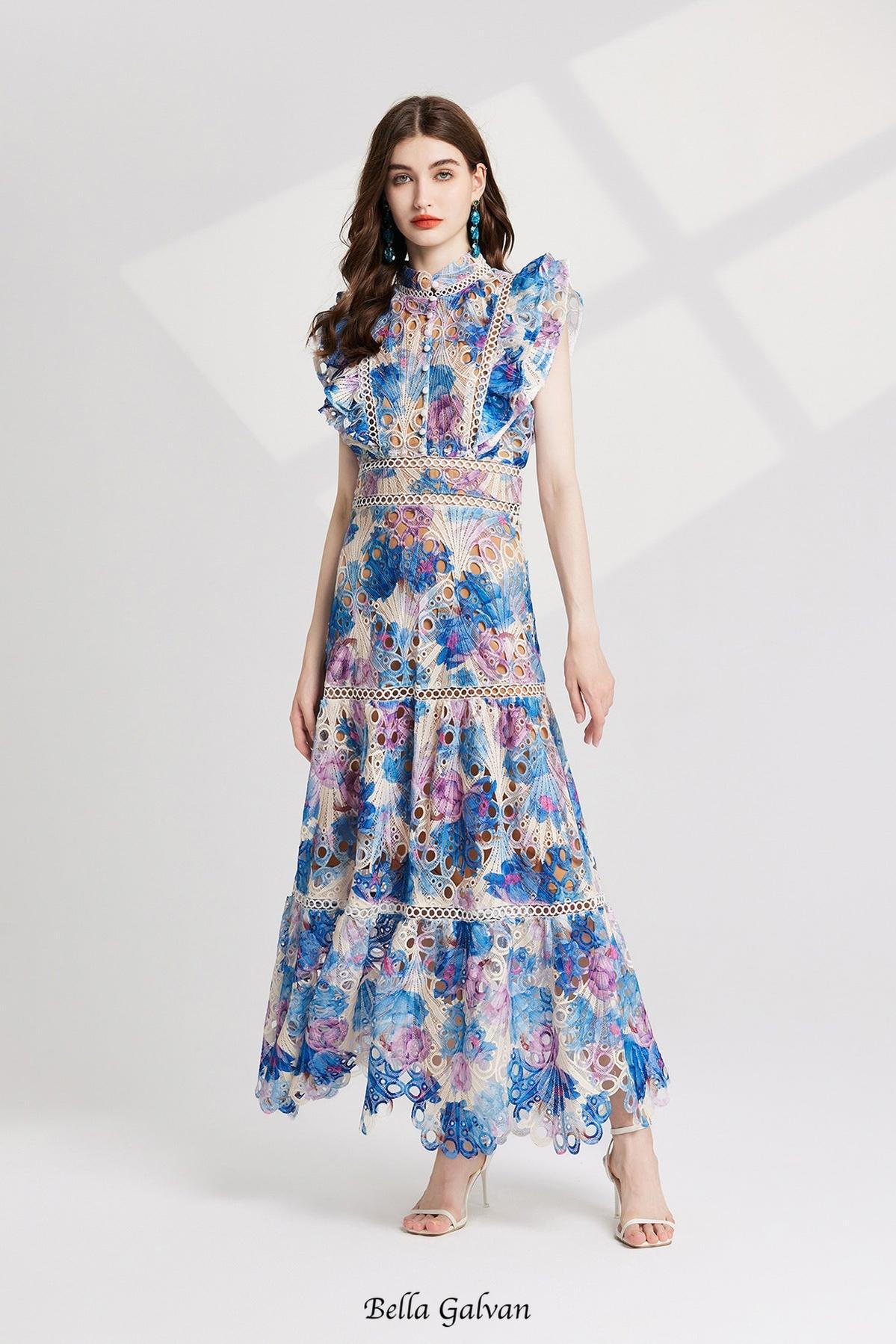 Flowering Girl Women chloe hollow out flower embroidery maxi dress in blue