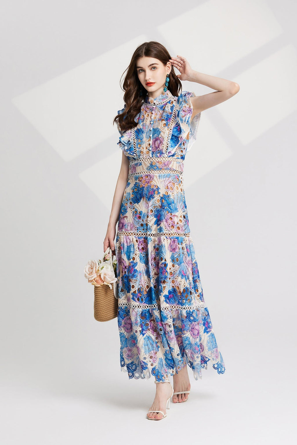 Flowering Girl Women chloe hollow out flower embroidery maxi dress in blue