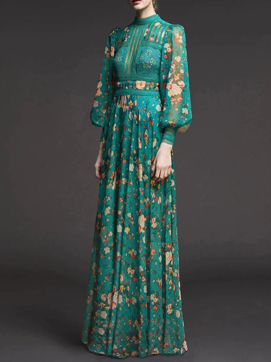 French retro green floral dress, high-end royal sister dress, dress skirt, light luxury, niche high-end long skirt women