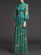 French retro green floral dress, high-end royal sister dress, dress skirt, light luxury, niche high-end long skirt women