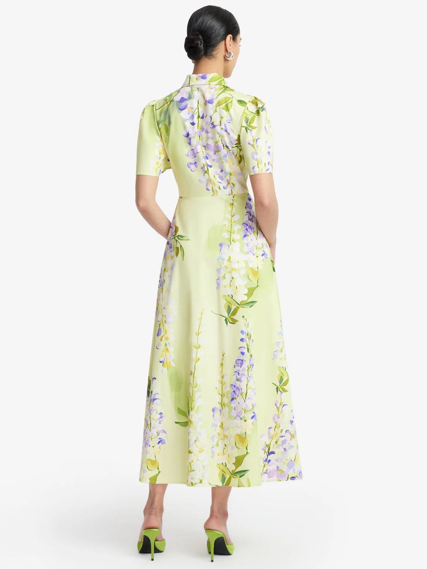 Polo Neck Short-Sleeved Floral Satin Lemon Yellow A-Line Dress