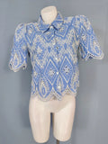 Blue & White Embroidered Puff Sleeve Lace Blouse