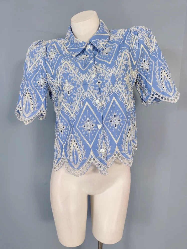 Blue & White Embroidered Puff Sleeve Lace Blouse