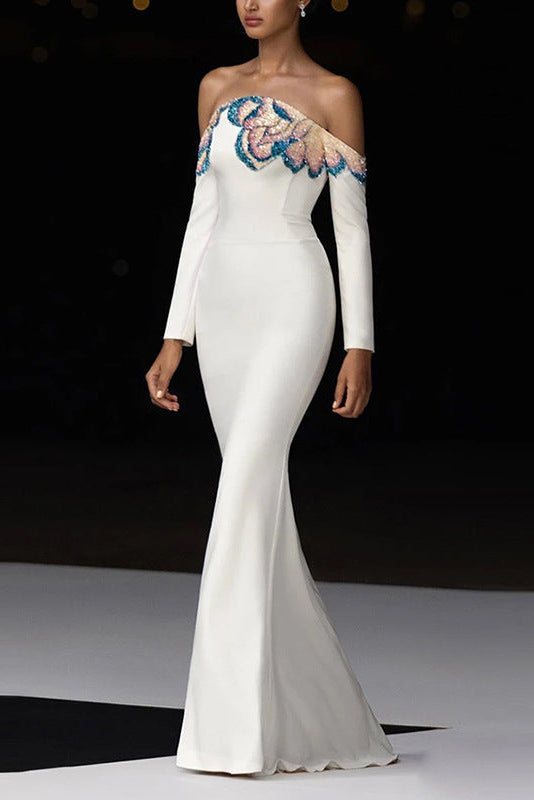 Flowering Girl Women white off-shoulder collars nails beads diamond maxi dress