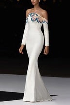 Flowering Girl Women white off-shoulder collars nails beads diamond maxi dress