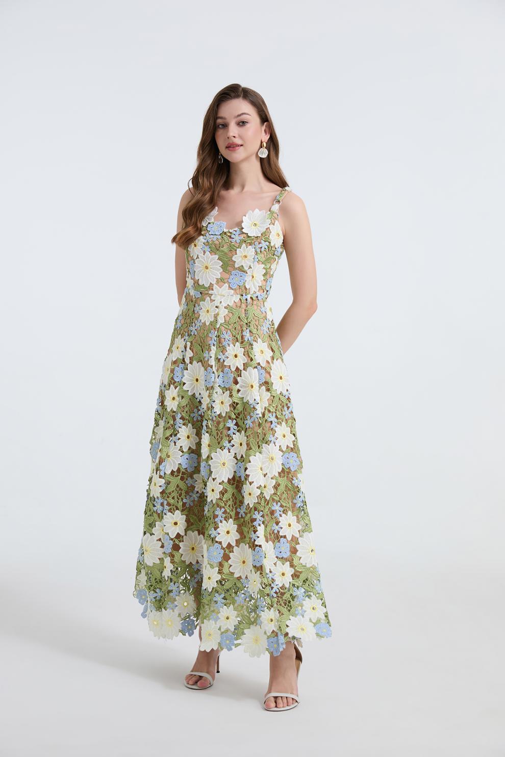 Flowering Girl Women celeste floral hollow stitching maxi dress in green