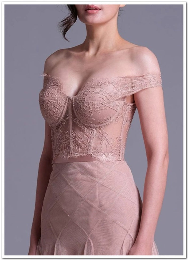Flowering Girl Women floral dentelle off-shoulder bustier corset net skirt set in pink