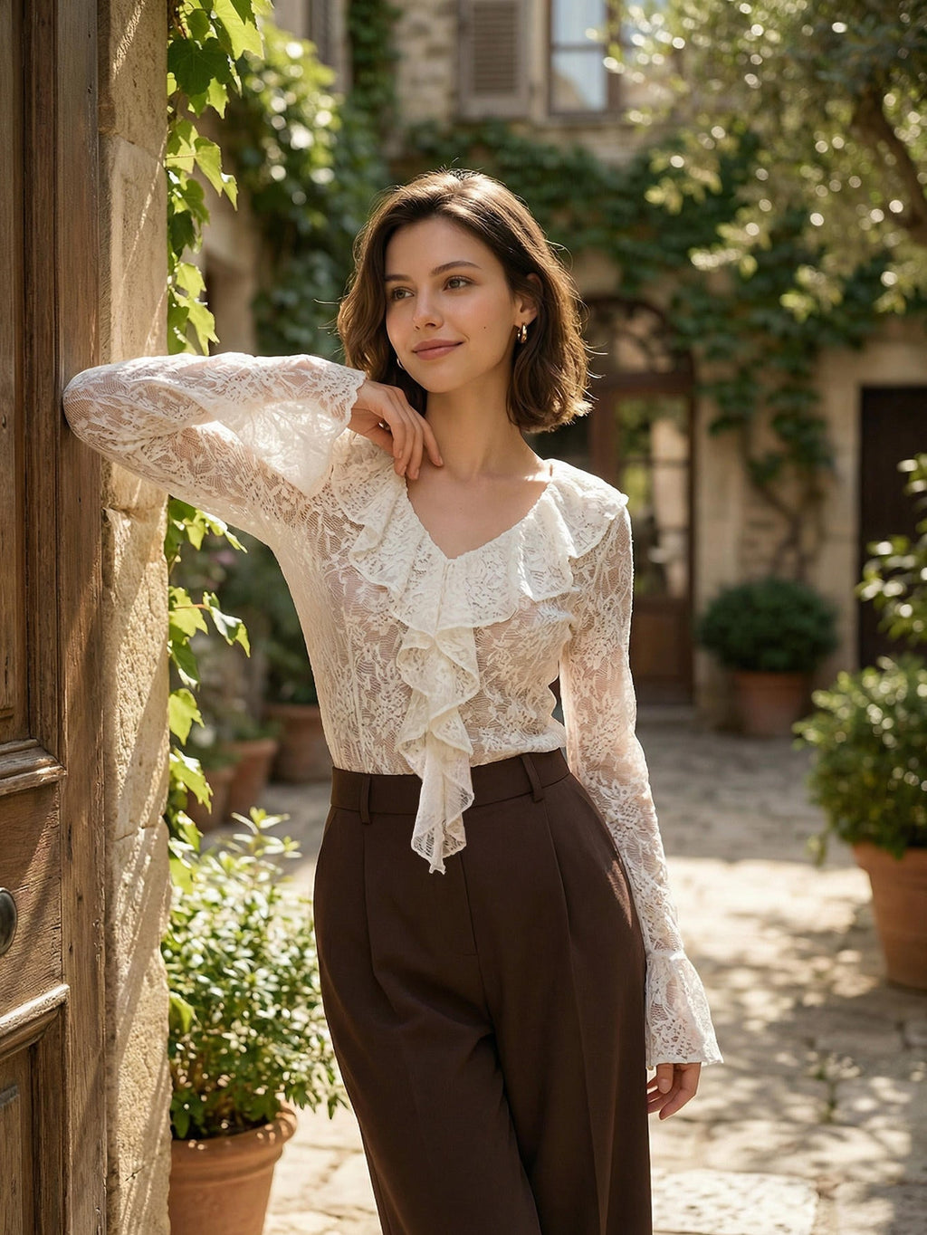 Lace Hollow Flared Sleeve Top