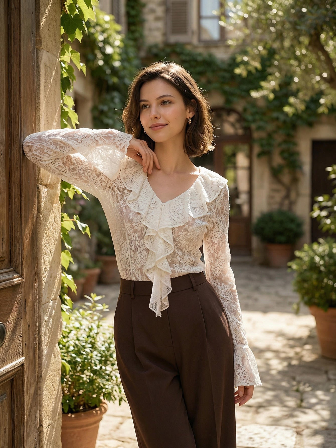 Lace Hollow Flared Sleeve Top