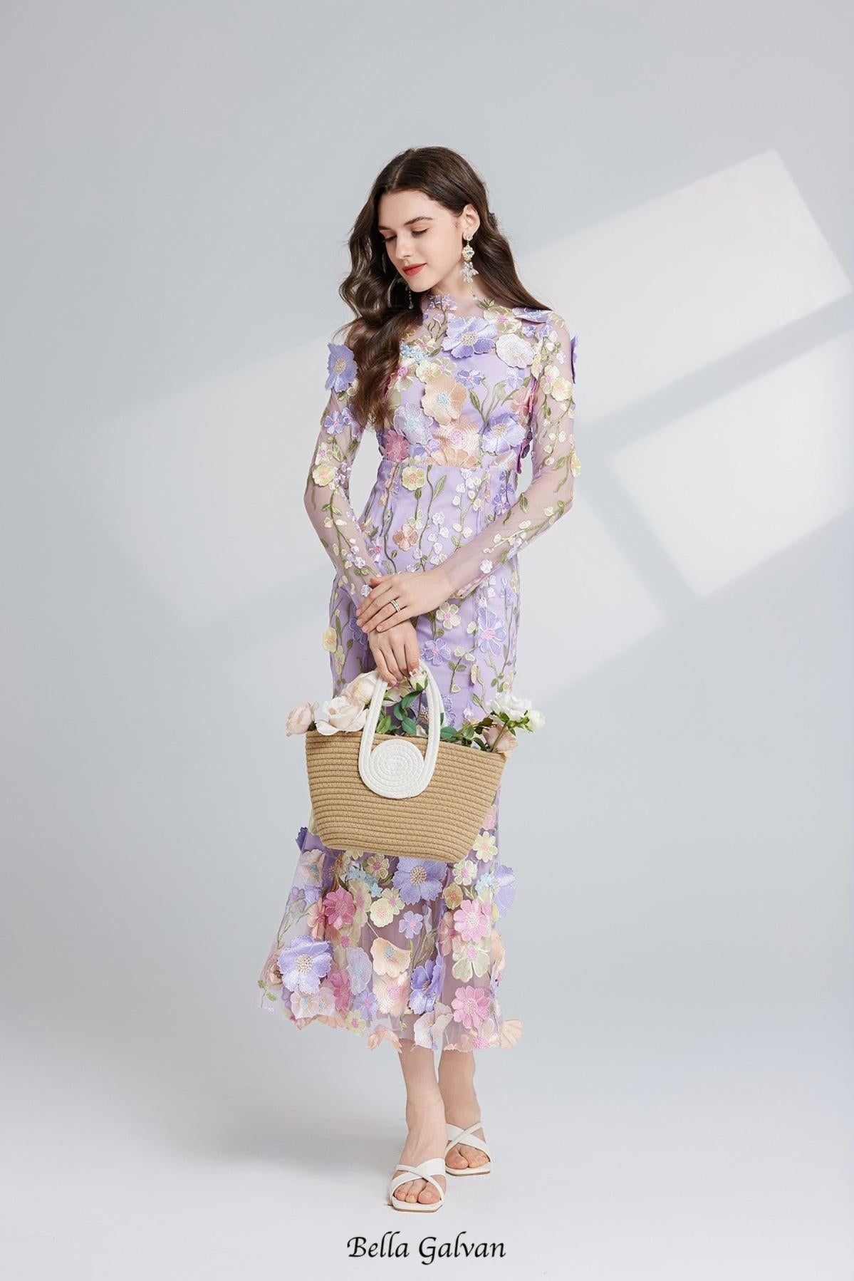 CAROL PURPLE FLORAL EMBROIDERY MESH LONG SLEEVE MIDI DRESS