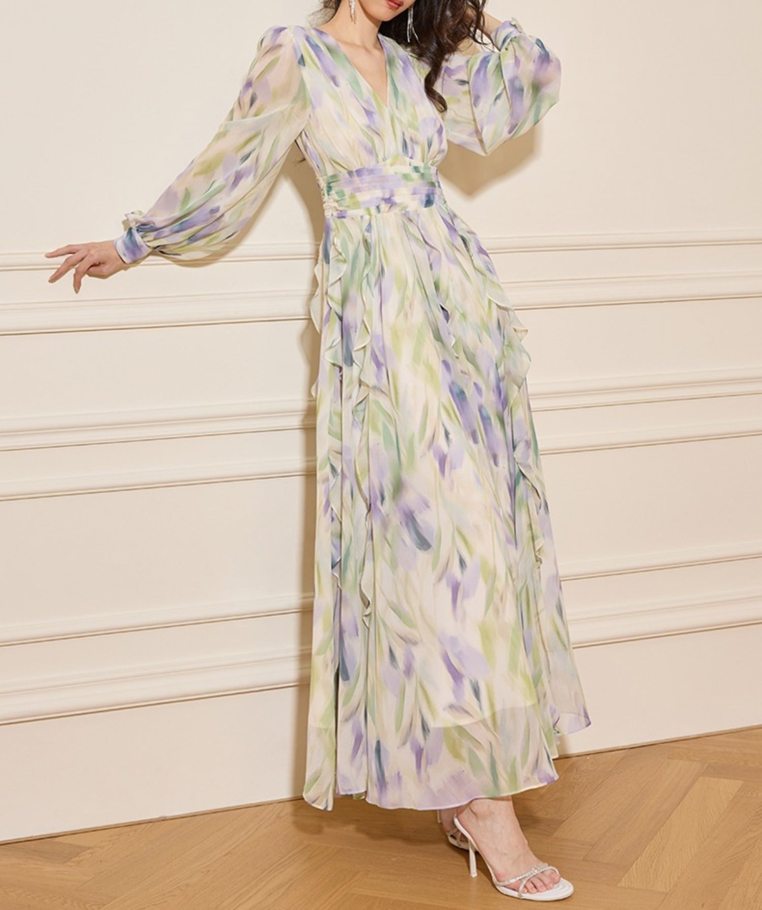 Flowering Girl Women Rachel Multicolor v-Neck Floral Print Lantern Sleeve Maxi Dress
