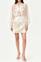 Flowering Girl Women Floral appliqué sheer organza blouse & mini skirt set - white