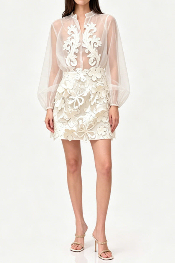 Flowering Girl Women Floral appliqué sheer organza blouse & mini skirt set - white