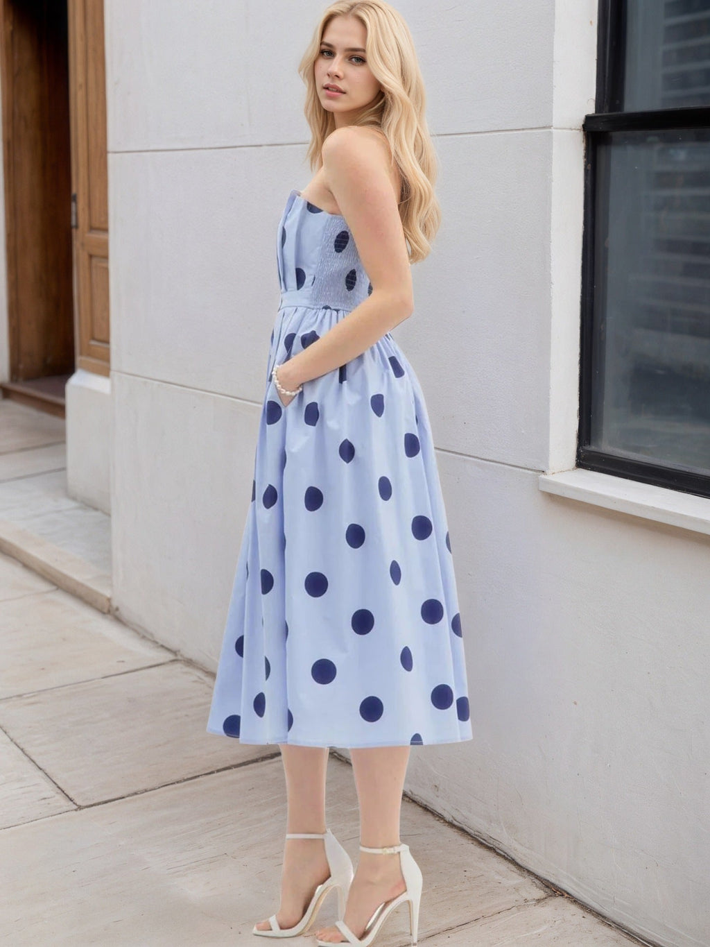Flowering Girl Women Light Blue Polka Dot Strapless Pleated Waist Midi Swing Dress Women Vintage Holiday Dress