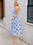 Flowering Girl Women Light Blue Polka Dot Strapless Pleated Waist Midi Swing Dress Women Vintage Holiday Dress