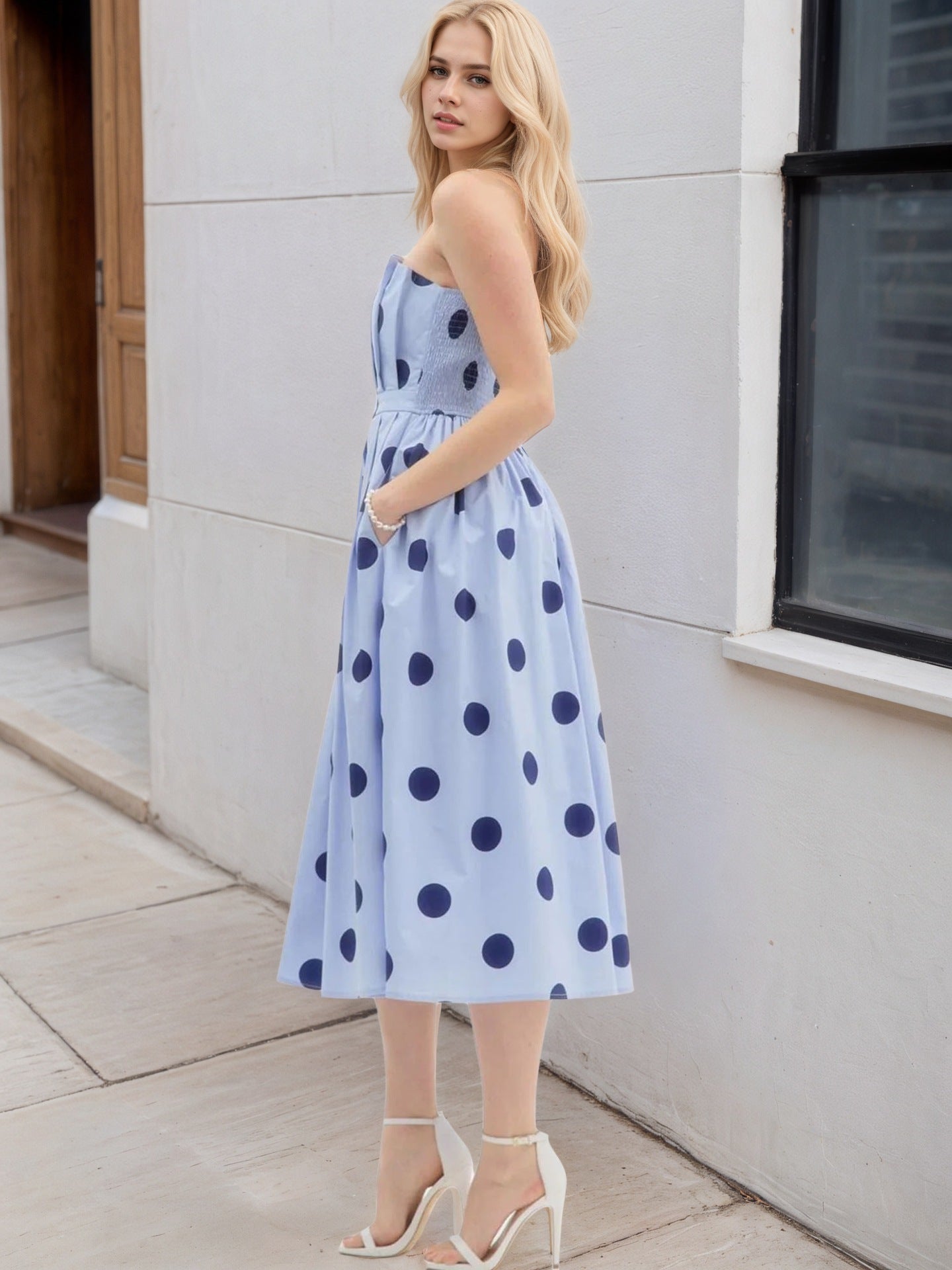 Flowering Girl Women Light Blue Polka Dot Strapless Pleated Waist Midi Swing Dress Women Vintage Holiday Dress
