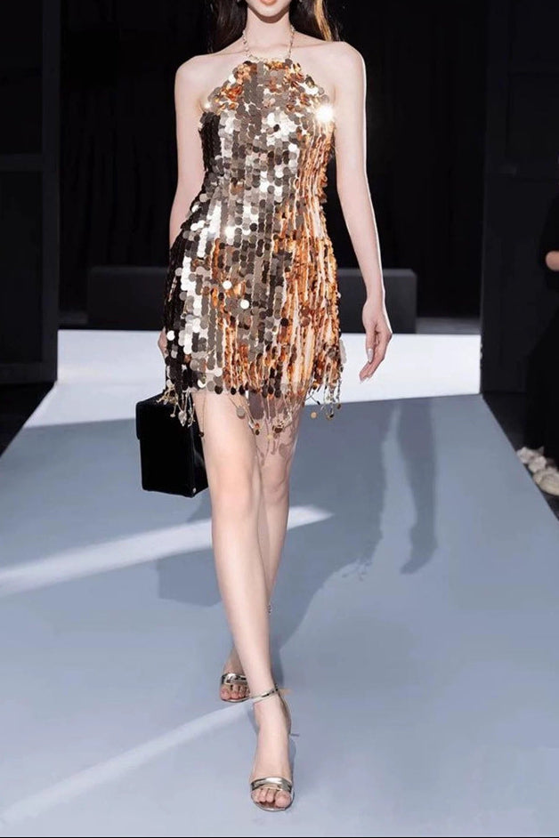 Tammy Halter Sleeveless Sequin Mini Dress In Gold