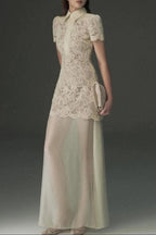 Beige Lace Overlay Collared Maxi Dress with Organza Skirt