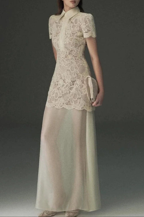 Flowering Girl Women Beige Lace Overlay Collared Maxi Dress with Organza Skirt