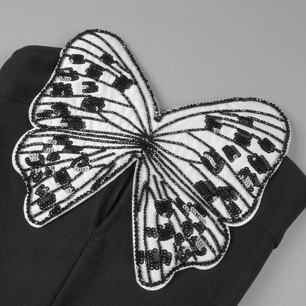 Flowering Girl Women Butterfly Embroidered Bodice Puffball mini Dress in black