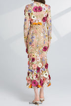 Flowering Girl Women CAROL brown FLORAL EMBROIDERY MESH LONG SLEEVE MIDI DRESS