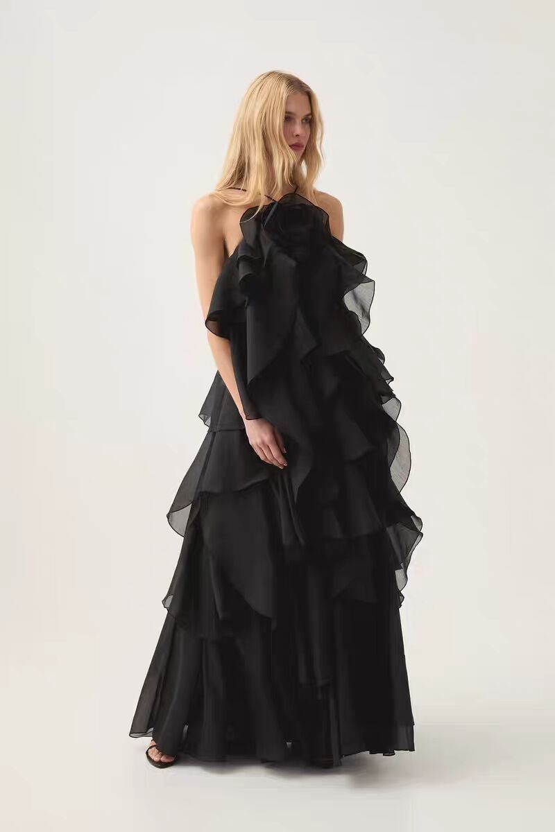 Flowering Girl Women halterneck flounced maxi dress in black