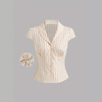Flowering Girl Women pleated striped buttoned short sleeve shirt