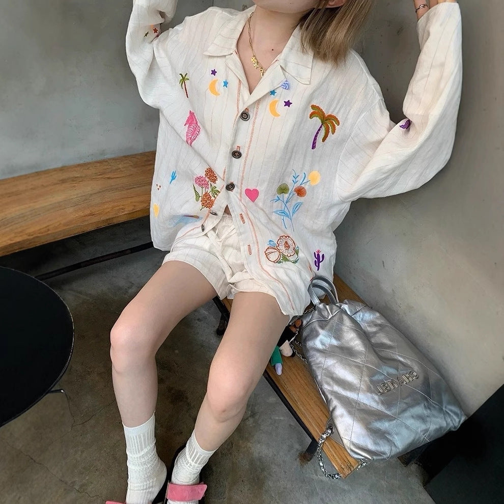 Flowering Girl Women White embroidery cotton linen long sleeve shirt