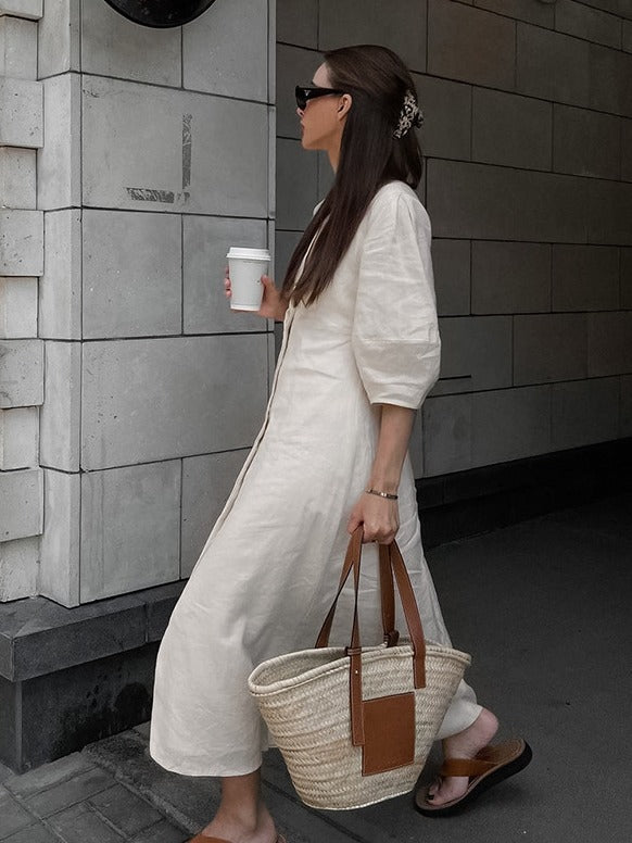Flowering Girl Women Loose-fitting puff sleeve V-neck cotton linen midi dress