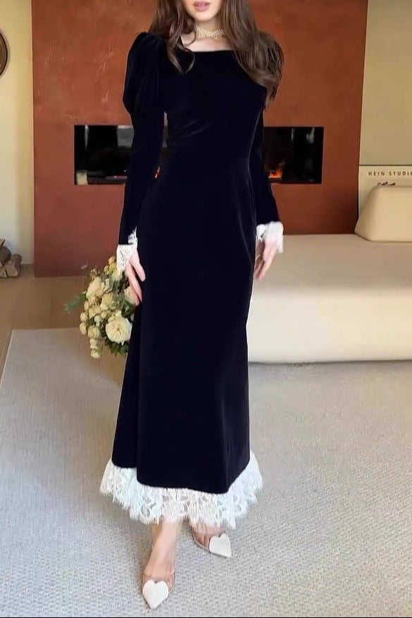 Flowering Girl Women black long-sleeved waist-cinching dress
