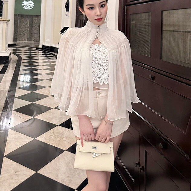 White Lace Cami Top + Sheer Chiffon Capelet Set