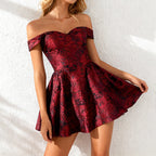 Jacquard Slim Waist Strapless Puffy Mini Dress In Wine Red