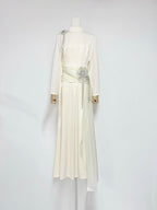 crystal flower Long-sleeve lace pleated maxi dress in apricot