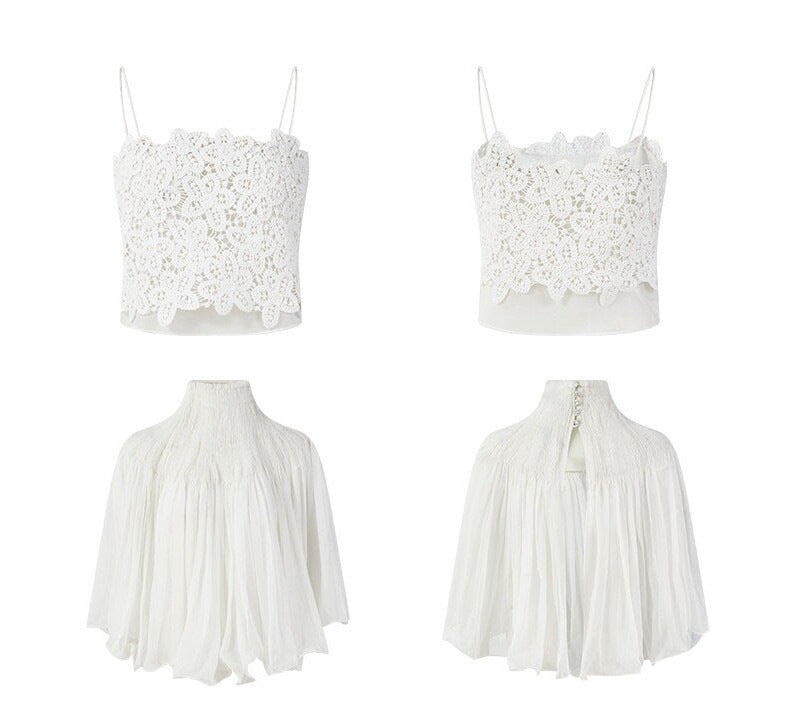 White Lace Cami Top + Sheer Chiffon Capelet Set