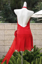 Flowering Girl Women Halter Backless V-Neck Sleeveless Lace-Up Mini Dress In Red