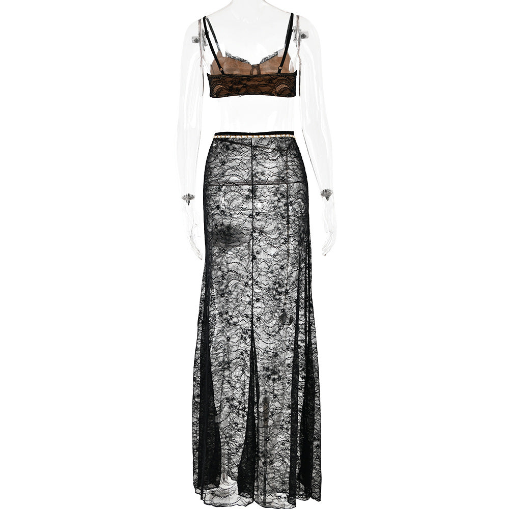 Flowering Girl Women LACE SKIRT SET WITH WAIST CHAIN IN BLACK