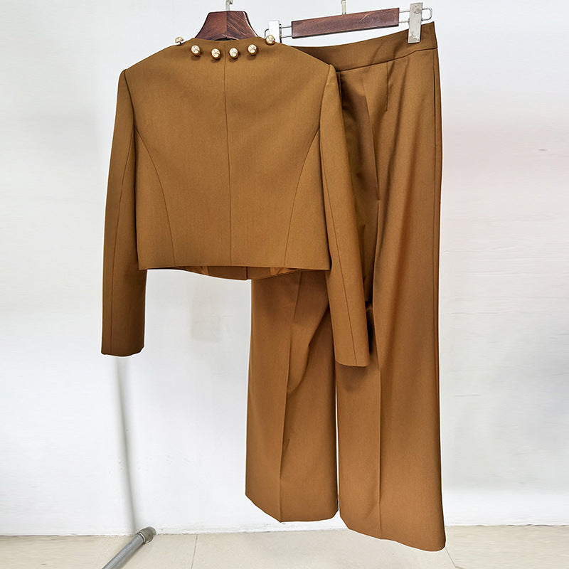 Miranda Pale Brown Button-Decorated Short Jacket Two-Piece Set